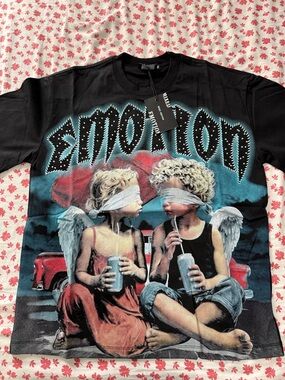 Mixed Emotion - Black Graphic Short Sleeve Tee with Angel Illustration